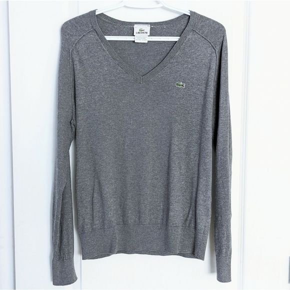 Vintage LACOSTE cotton cashmere v neck knit sweater grey size 4 small @i1 - Picture 3 of 10
